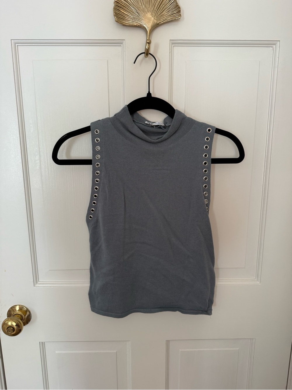 Zara Gray Mock Neck Tank with Silver Eyelets